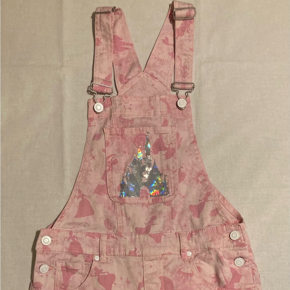 Disney Store Girls X-Large Pink Overall Shorts  Castle Hologram Princess  Resort